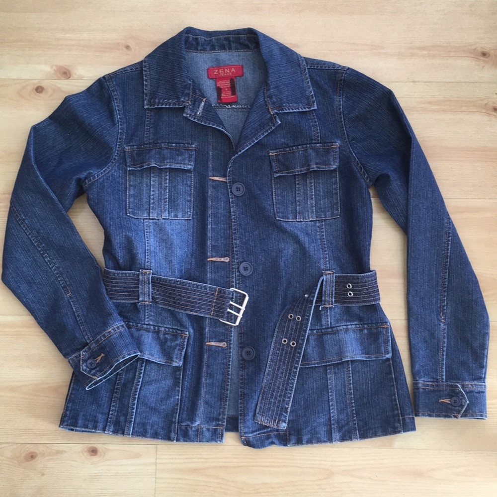Vintage Wash Zena Denim Belted Utility Trench Jacket EUC